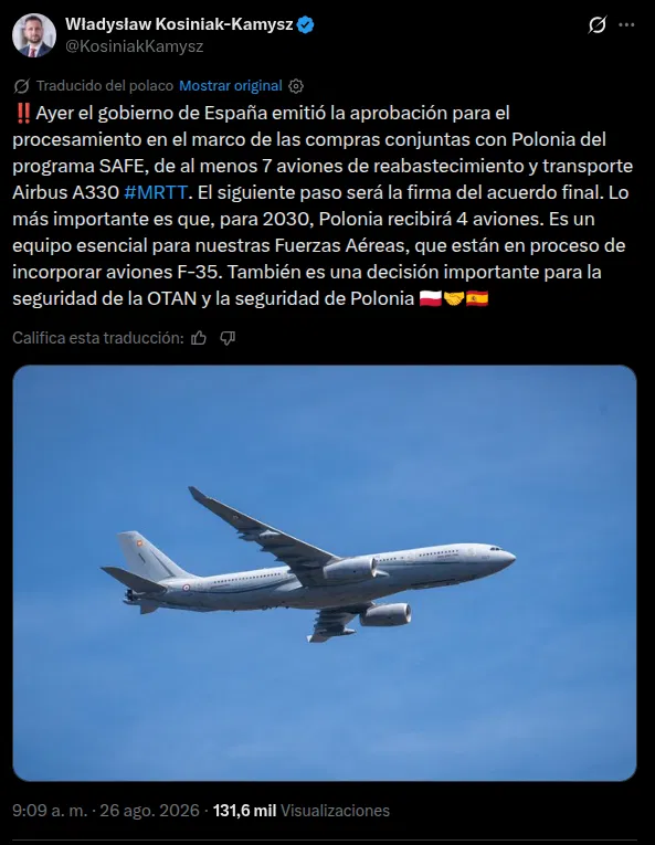 Captura del post de X de Władysław Kosiniak-Kamysz sobre el acuerdo MRTT